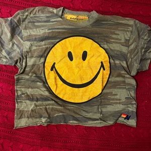 green camp smiley face aviator nation shirt